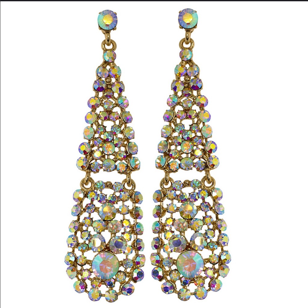 Large Aurora Borealis Crystal Teardrop Statement Earrings,NWT